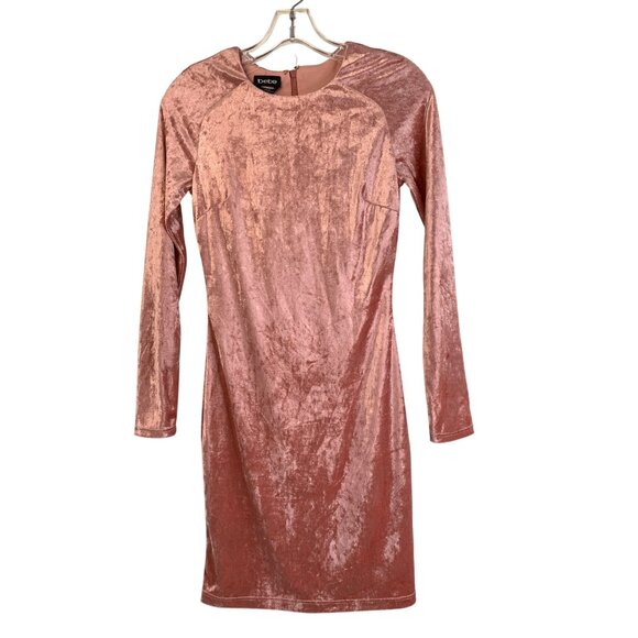 Bebe XS Long Sleeve Crushed Velvet Bodycon Mini Dress In Dark Rose - Picture 9 of 12
